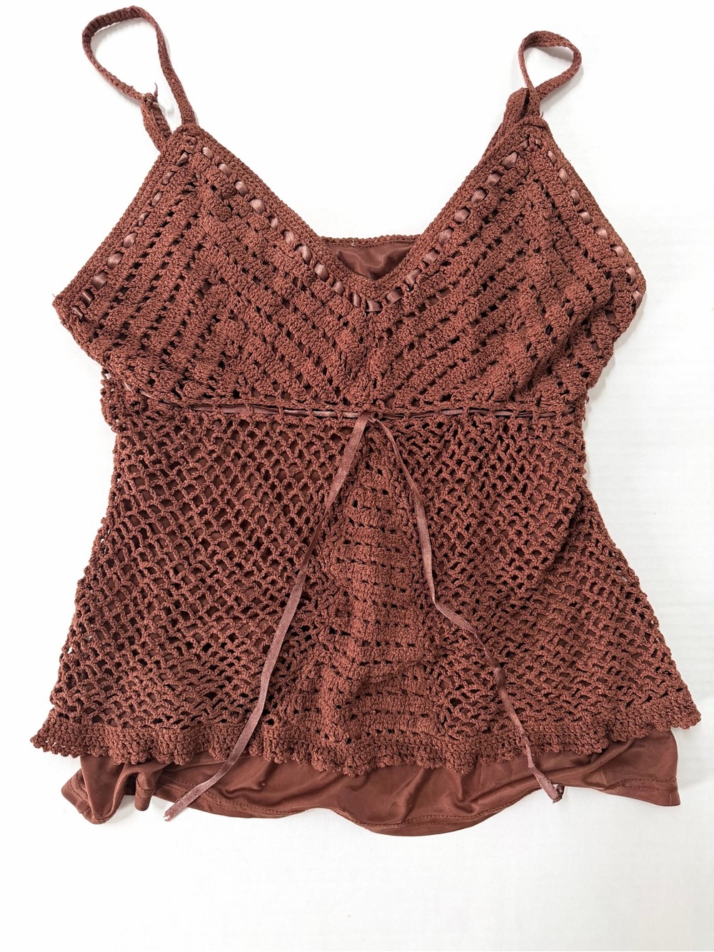 Vintage Chocolate Brown Crochet Cami Tank Top — Silk Blend Boho Fairy S/M - Picture 11 of 12